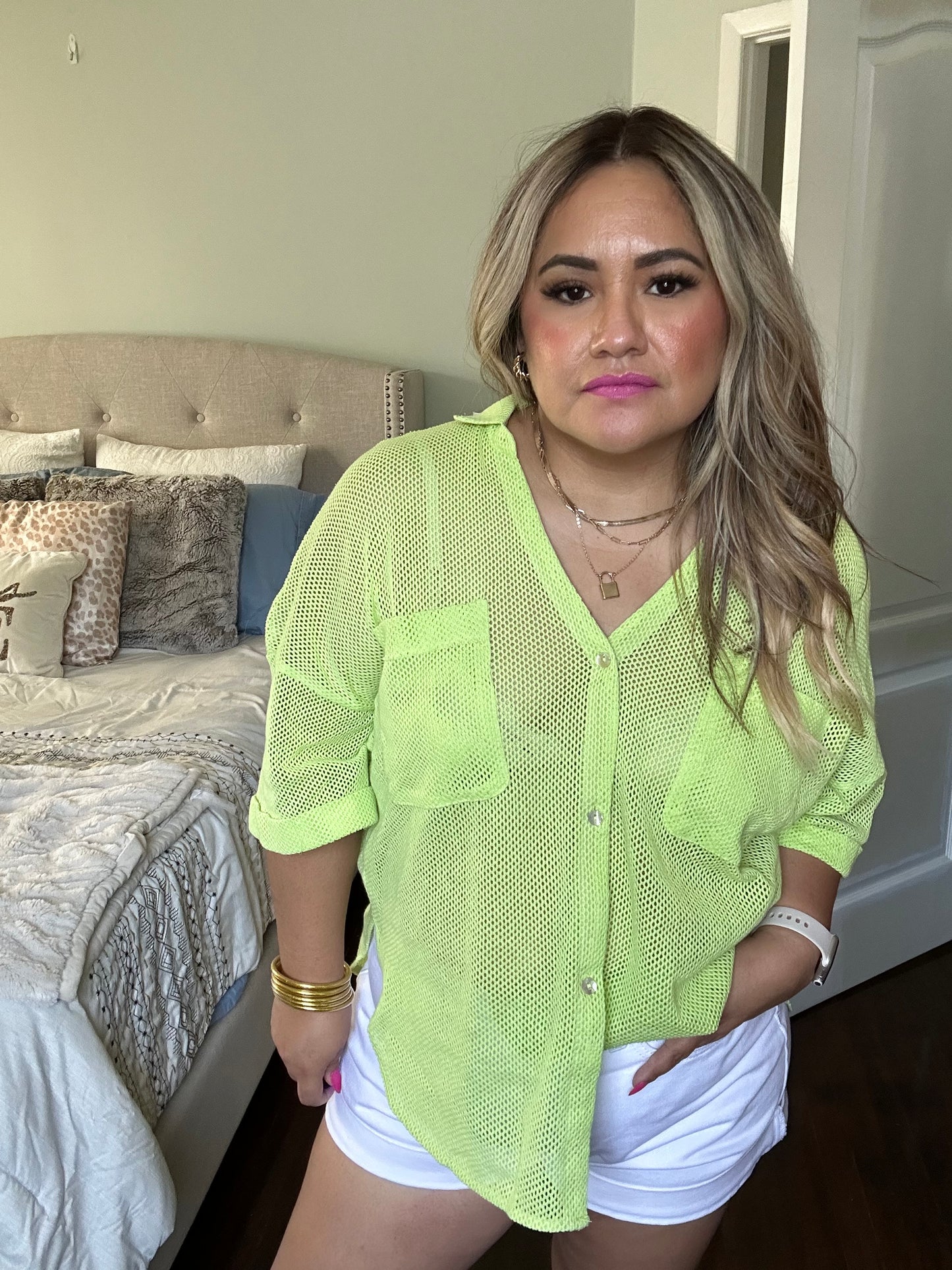 Neon Lime Mesh Button Up Top