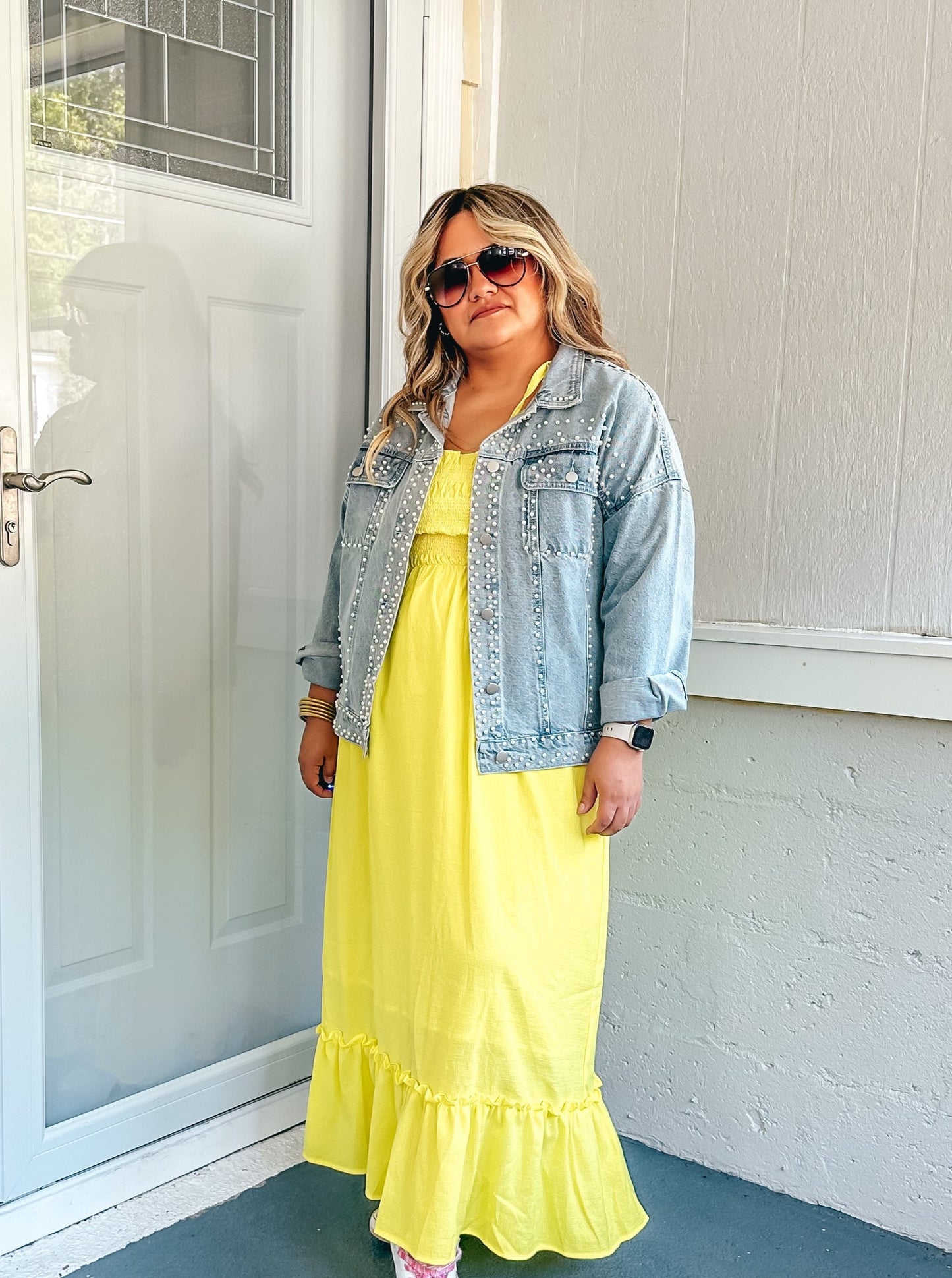 Oversized Pearl Studded Denim Jacket