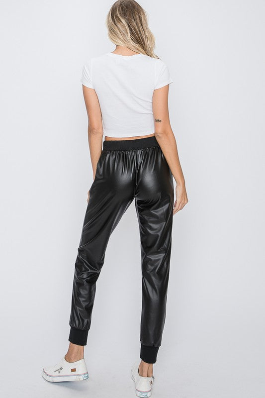 Black Faux Leather Jogger Pants