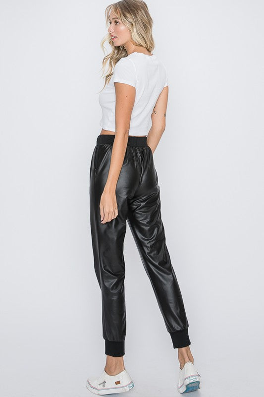 Black Faux Leather Jogger Pants