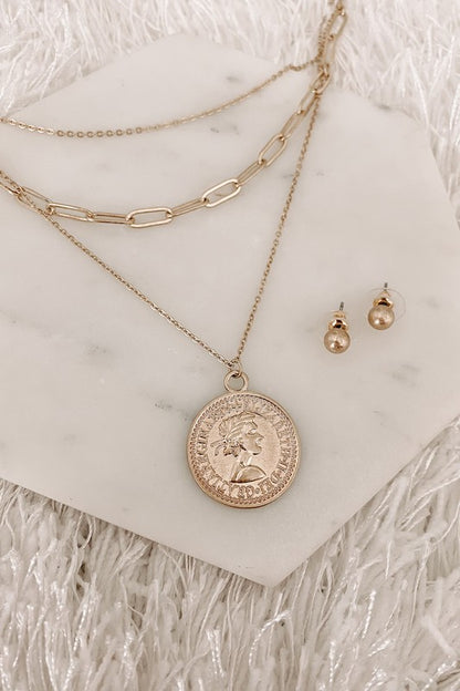 Flip The Coin Gold Layered Necklace & Earring Set