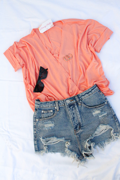 Coral Rose Short Sleeve Surplice Top