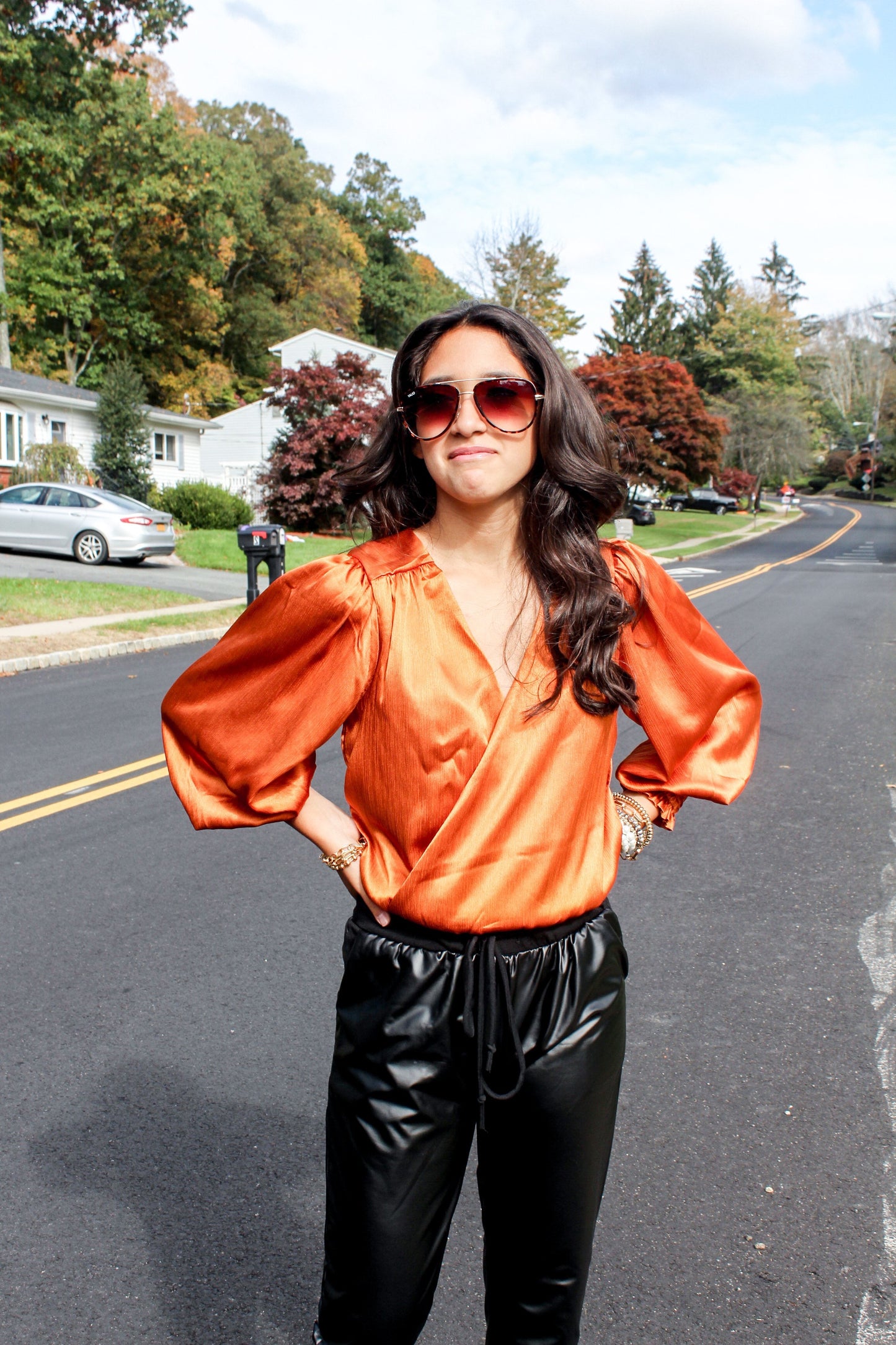 Orange Satin Bodysuit Blouse Top