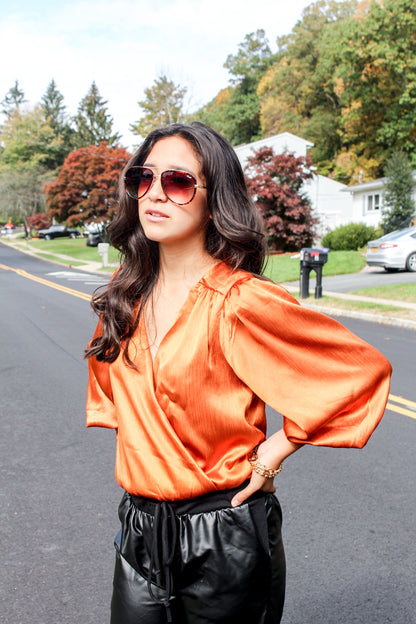 Orange Satin Bodysuit Blouse Top