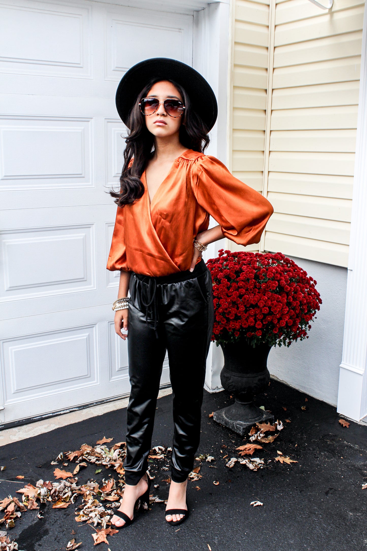 Orange Satin Bodysuit Blouse Top