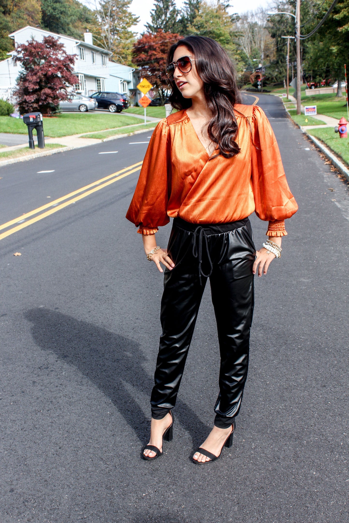 Orange Satin Bodysuit Blouse Top