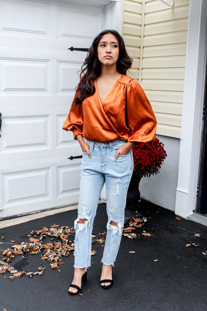 Orange Satin Bodysuit Blouse Top