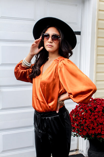 Orange Satin Bodysuit Blouse Top