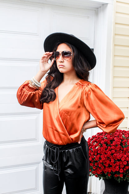 Orange Satin Bodysuit Blouse Top